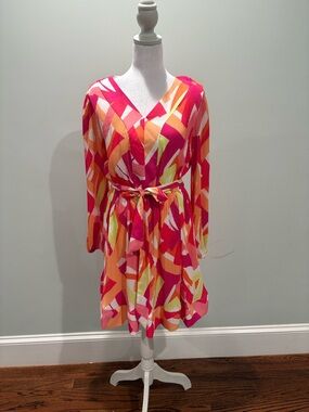 Nicole Miller Abstract Print Mini Dress in Fuchsia, Orange and Yellow